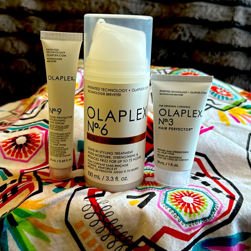 Olaplex No.6- 3.3 oz, No.9- 0.68oz No.3- 1oz.